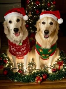 White golden retriever, sitting next to her sister wearing Christmas sweaters and Santa hats in front of a decorated tree.