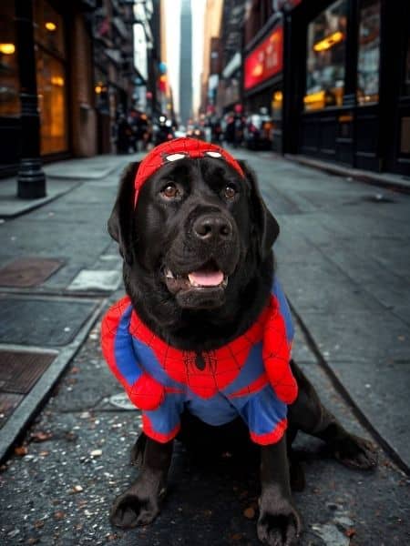 Black Labrador wearing a red and blue Spider-Man costume sitting on a city street.