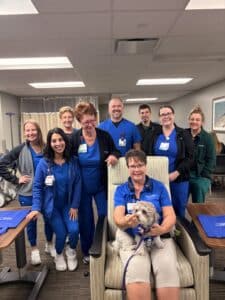 Small white and brown dog wearing a blue shirt being held by a woman, surrounded by a group of people in medical scrubs.