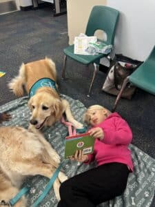 Golden retriever wearing a Hearts of Gold vest lying on a blanket next to a child who is reading a book.