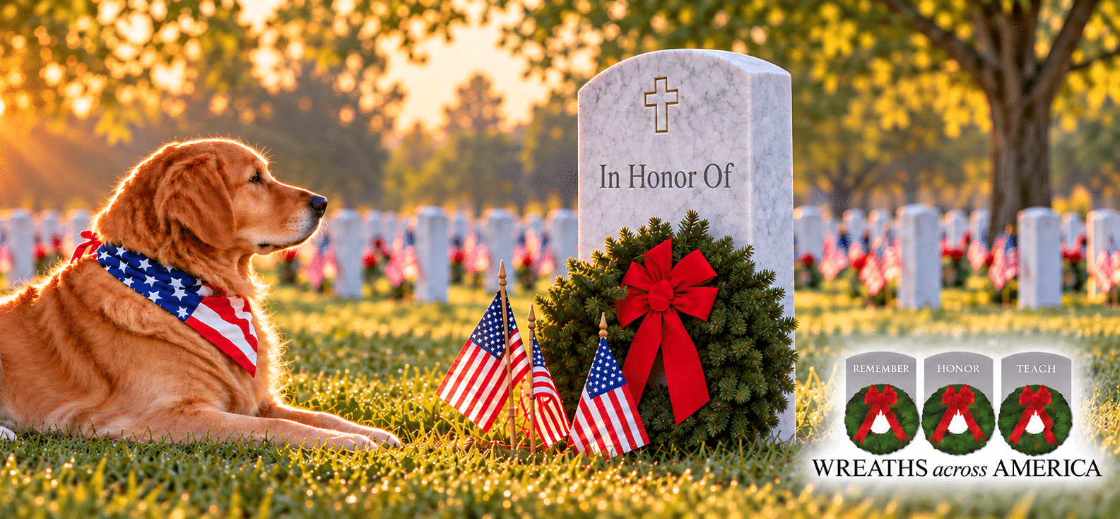 Golden Retriever in red, white and blue bandana gazing at headstone with wreath in cemetery with Wreaths Across America logo