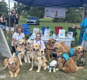Group of therapy dogs sitting together with handlers in front of an event booth outdoors.